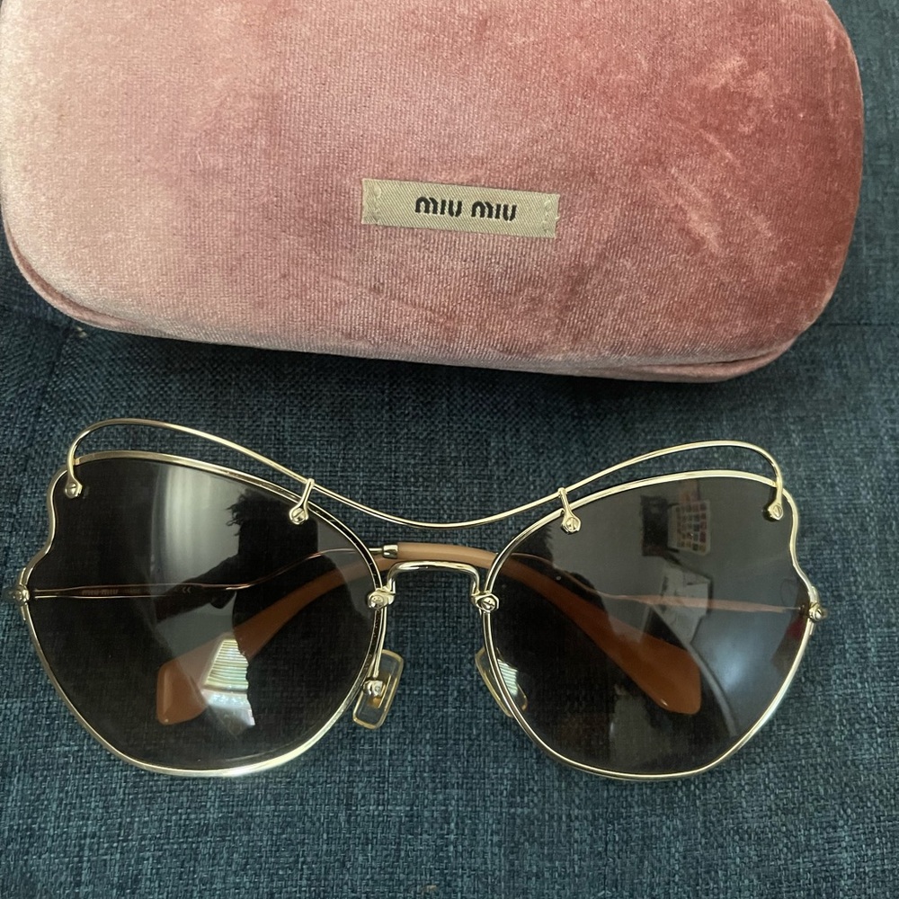 Miu Miu Gold Frame Cat-Eye Sunglasses with Brown Lenses and Pink Velvet Case